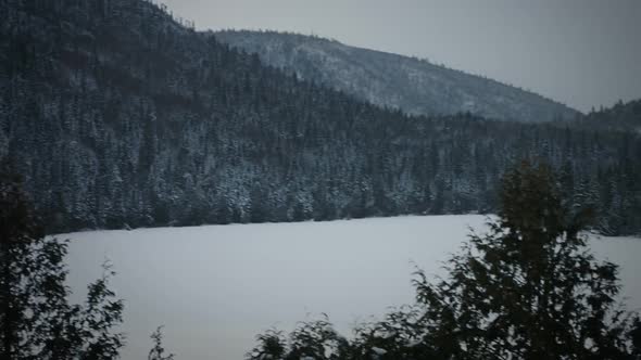 Panning Footage Of Frozen Nature, Lake And Forest