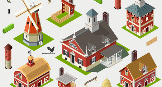 American Farm Barn Ville 3D Isometric Vector Set