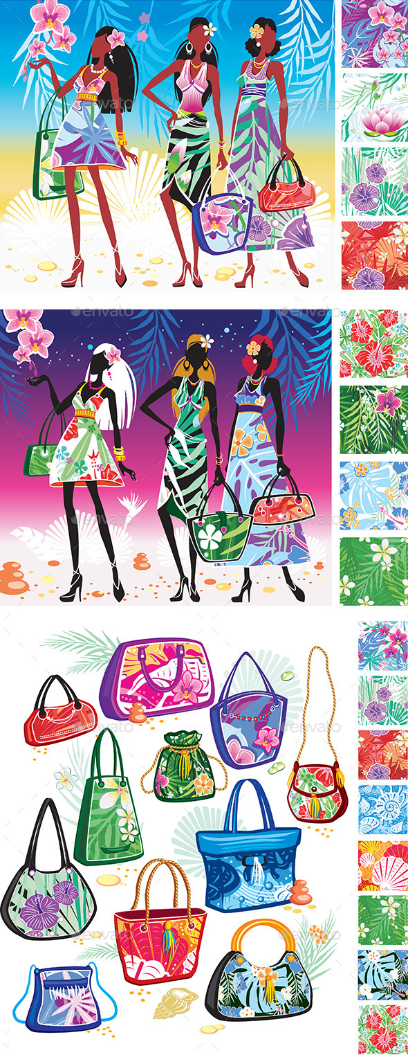 Women in Summer Dresses with Floral Prints - Patterns Decorative