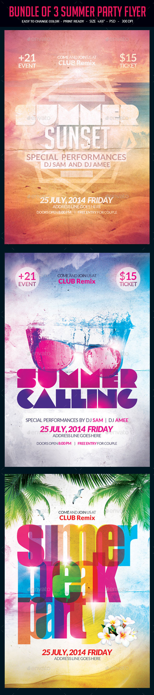 Bundle of 3 Summer Party Flyer - Clubs & Parties Events
