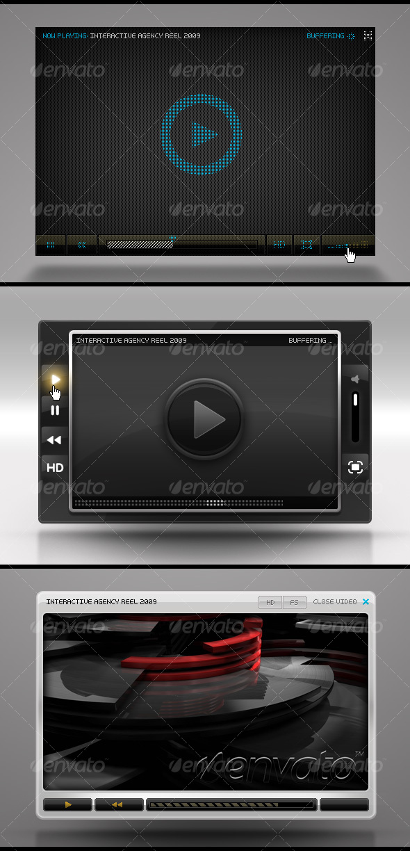 3 Hi-Tech FLV Players w/ Pixel-Based Details - Web Elements