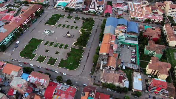 Aerial View Of Tupac Amaru Square In Cusco, Peru - drone shot alt
