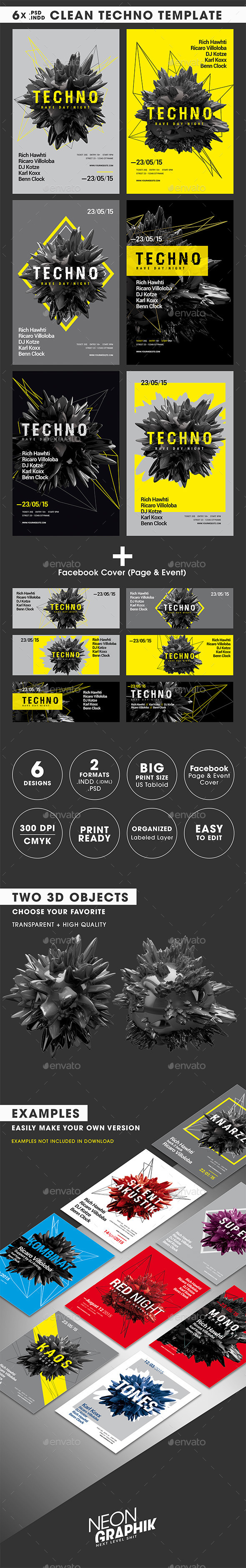 6x Clean Techno PSD/INDD Template + Facebook Cover - Clubs & Parties Events