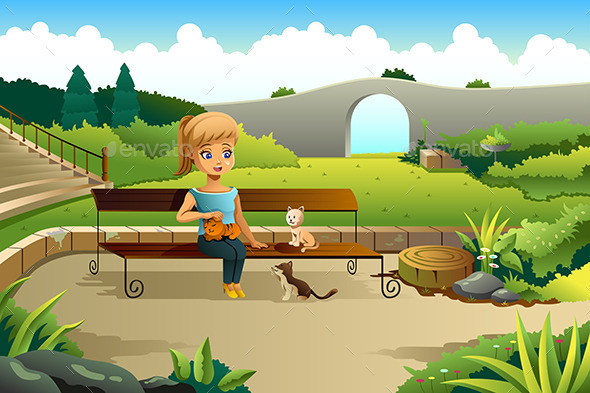 Girl Playing with Cats - People Characters