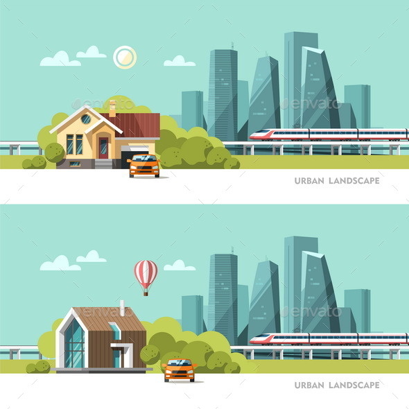 Houses and Downtown with Skyscrapers - Buildings Objects