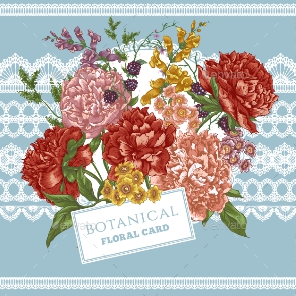 Vintage Greeting Card with Blooming Peonies Vintage Greeting Card with Blooming Peonies