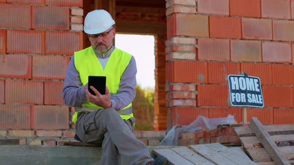 Architect Man with Digital Tablet Computer at Construction Site Analyzing Blueprints Building House alt