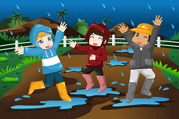 Kids Playing Under the Rain - People Characters