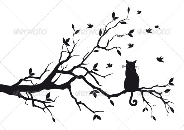 Cat Sitting On Tree - Animals Characters