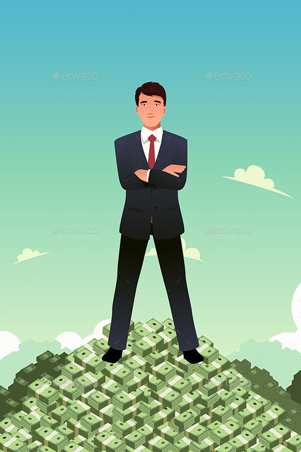 Businessman Standing on Top of Pile of Money - Concepts Business