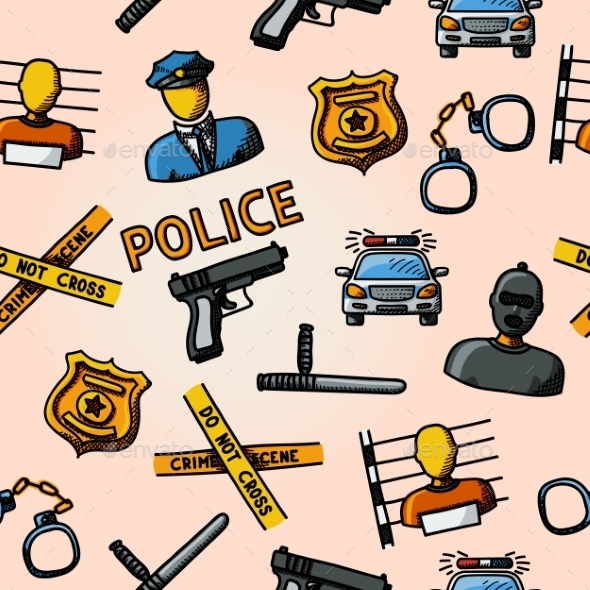 Color Hand Drawn Police Pattern Gun Car Crime Color Hand Drawn Police Pattern Gun Car Crime