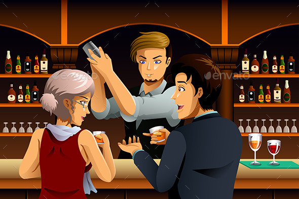 Couple in a Bar with Bartender Couple in a Bar with Bartender