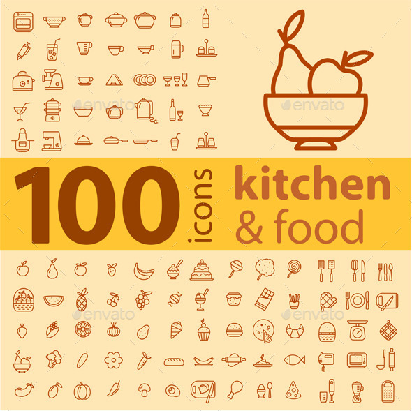 Set of 100 Kitchen Icons. - Food Objects