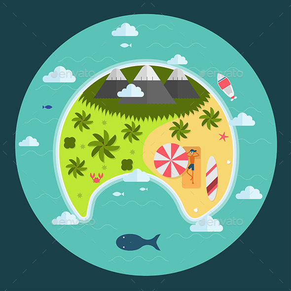 Tropical Island Vacation Postcard - Conceptual Vectors