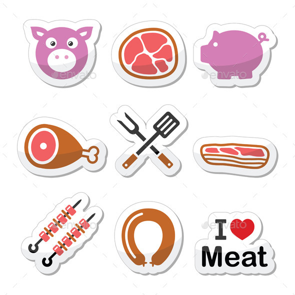 Pork Icons Set - Food Objects