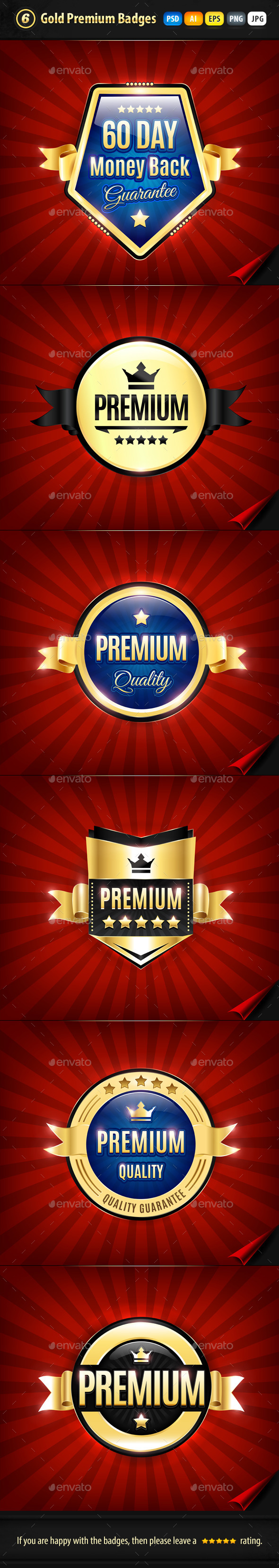 6 Gold Premium Quality Badges - Badges & Stickers Web Elements
