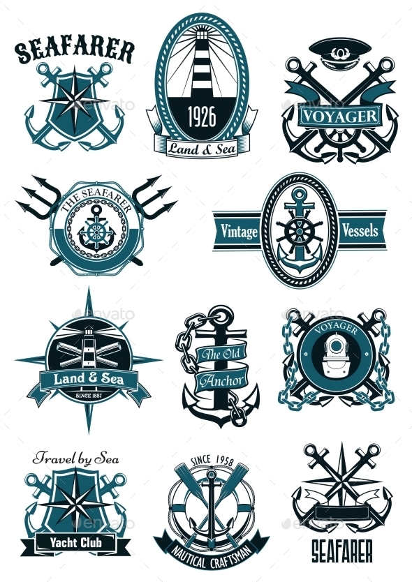 Vintage Nautical Badges With Marine Items Vintage Nautical Badges With Marine Items