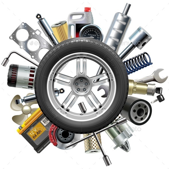 Vector Car Spares Concept with Wheel Vector Car Spares Concept with Wheel