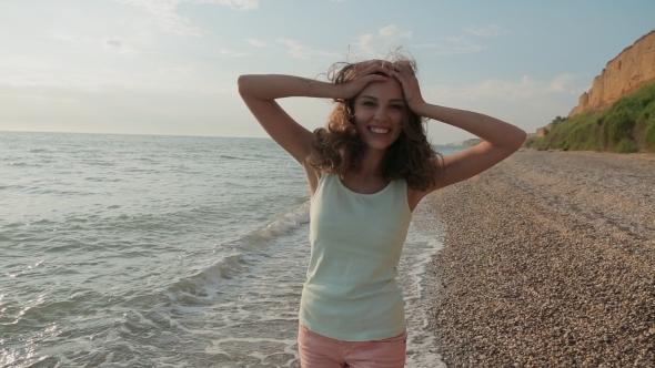 Charming Smiling Girl Walking On Sea Water, Stock Footage | VideoHive