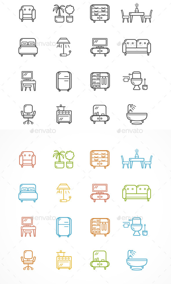 Flat Line Icons Furniture. Vector - Objects Vectors