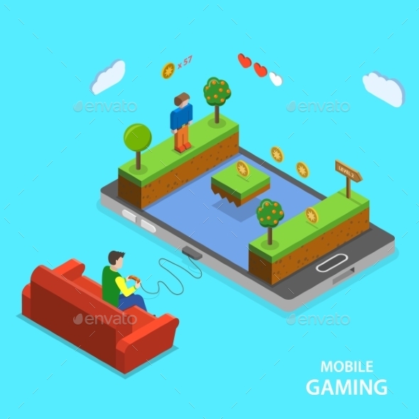 Mobile Gaming Flat Isometric Vector Concept. - Computers Technology