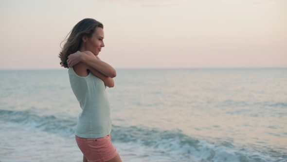 Harmonious Girl Standing Near The Sea At The alt