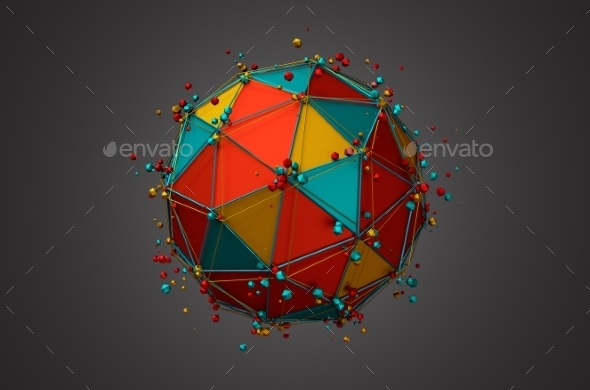Rendering Of Sphere With Wireframe And Particles. - Abstract 3D Renders