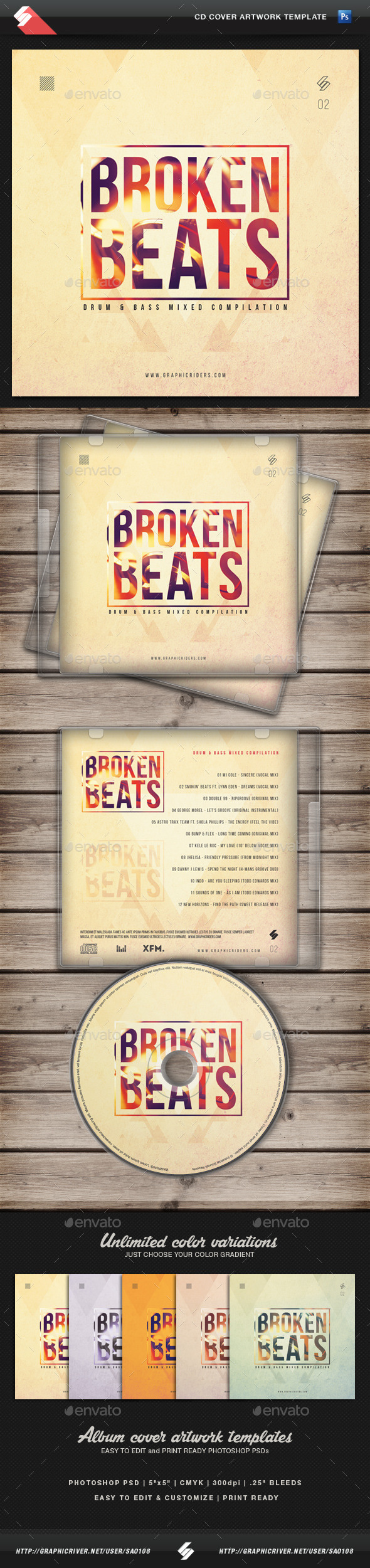 Broken Beats Vol2 - CD Cover Artwork Template - CD & DVD Artwork Print Templates