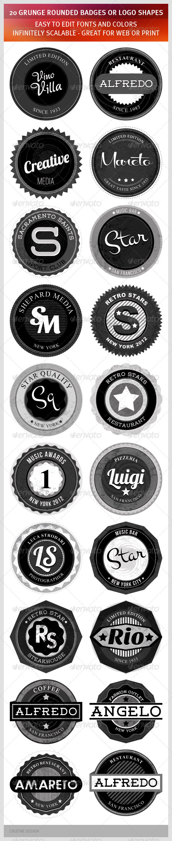 20 Grunge Rounded Badges or Logo Shapes - Badges & Stickers Web Elements
