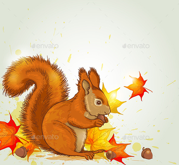 Squirrel and Maple Leaves - Animals Characters