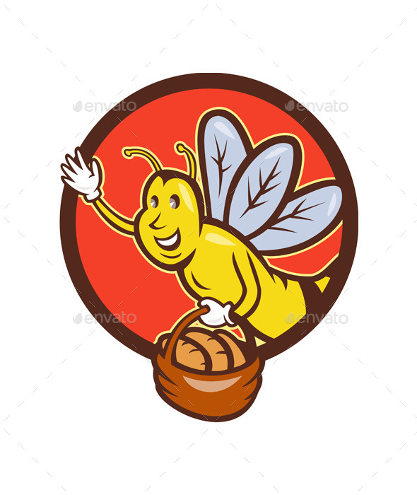 Bee Carrying Basket with Bread Circle Cartoon - Animals Characters