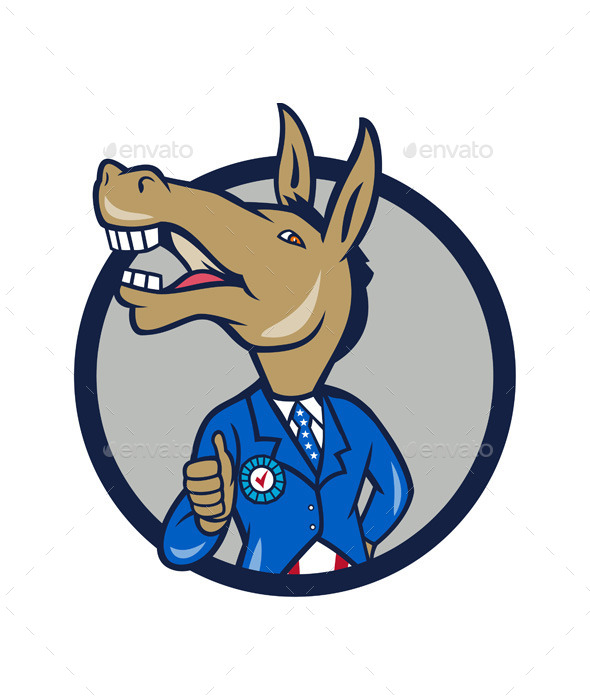 Democrat Donkey Mascot Thumbs Up Circle Cartoon Democrat Donkey Mascot Thumbs Up Circle Cartoon