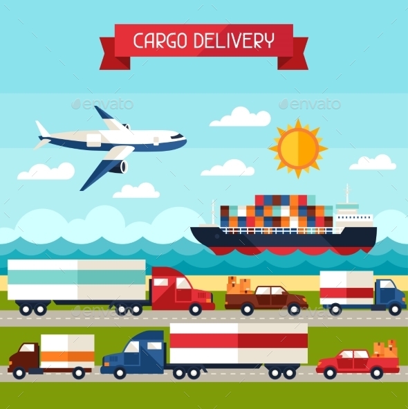Freight Cargo Transport Background in Flat Design - Industries Business