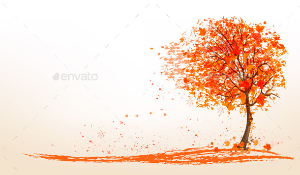 Autumn Background with a Tree and Golden Leaves Autumn Background with a Tree and Golden Leaves