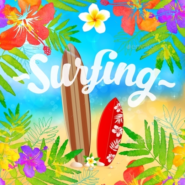 Surfing Boards On The Beach Vector Card Template Surfing Boards On The Beach Vector Card Template