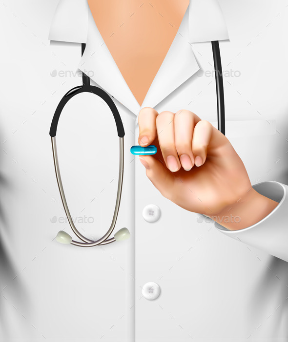 Doctor with a Stethoscope Holding a Pill - Health/Medicine Conceptual
