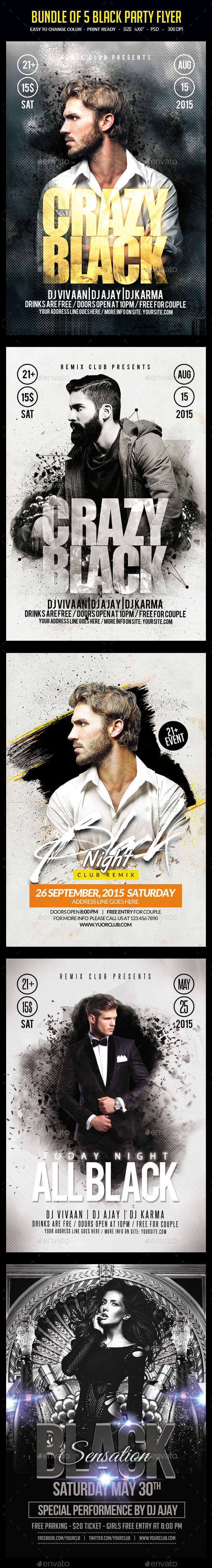 Bundle of 5 Black Party Flyers - Clubs & Parties Events