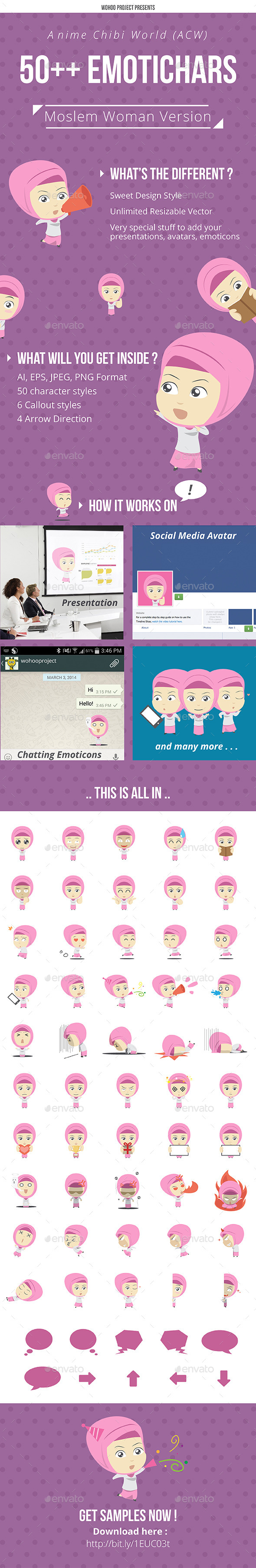 50+ Emotichars Moslem Woman Version - People Characters