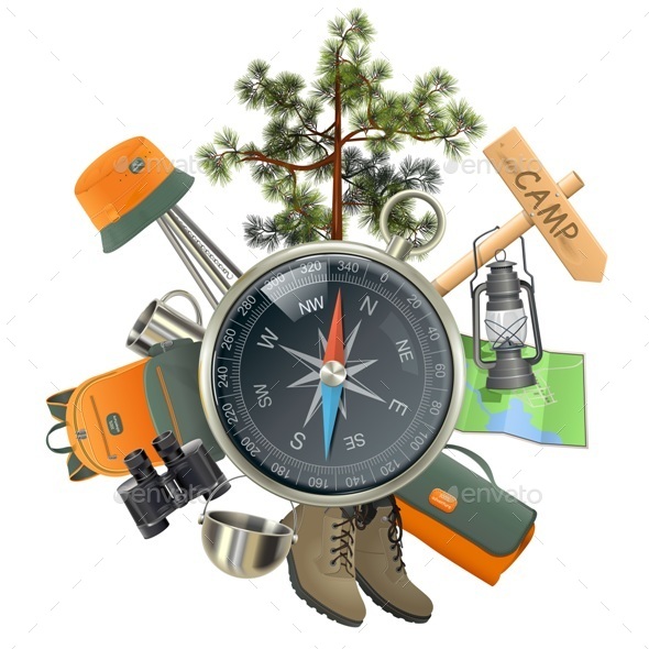 Vector Camping Concept with Compass - Travel Conceptual