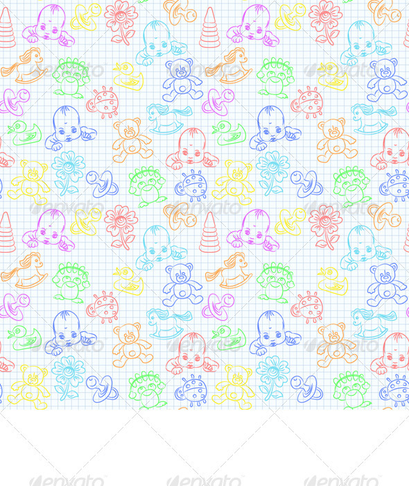 Vector Seamless Background with Baby and Toys - People Characters