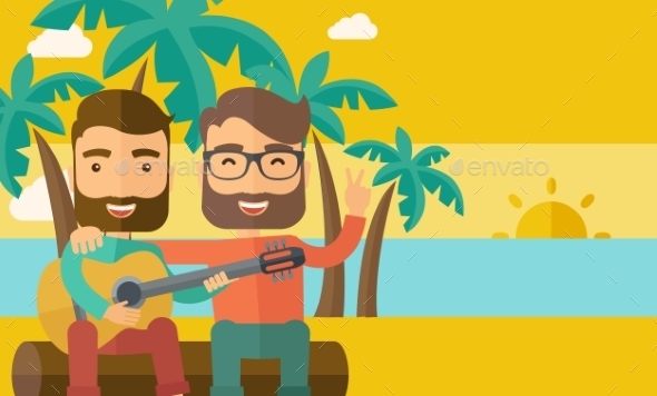 Two Men Playing a Guitar At The Beach Two Men Playing a Guitar At The Beach