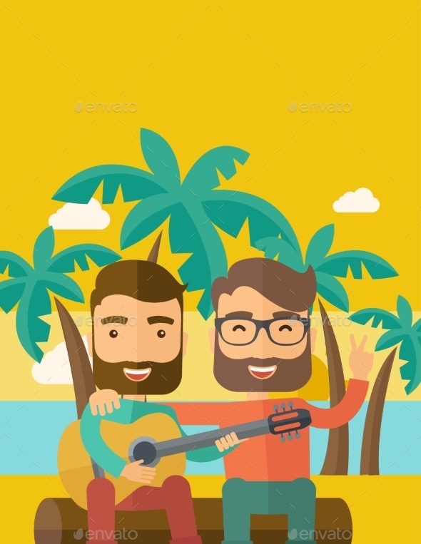 Two Men Playing a Guitar At The Beach Two Men Playing a Guitar At The Beach