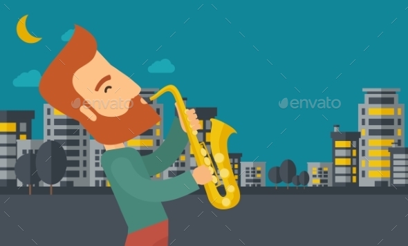 Saxophonist Playing In The Streets At Night Saxophonist Playing In The Streets At Night