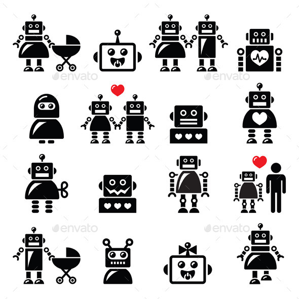 Robot Family, Female, Baby Robot Icons Set - Computers Technology