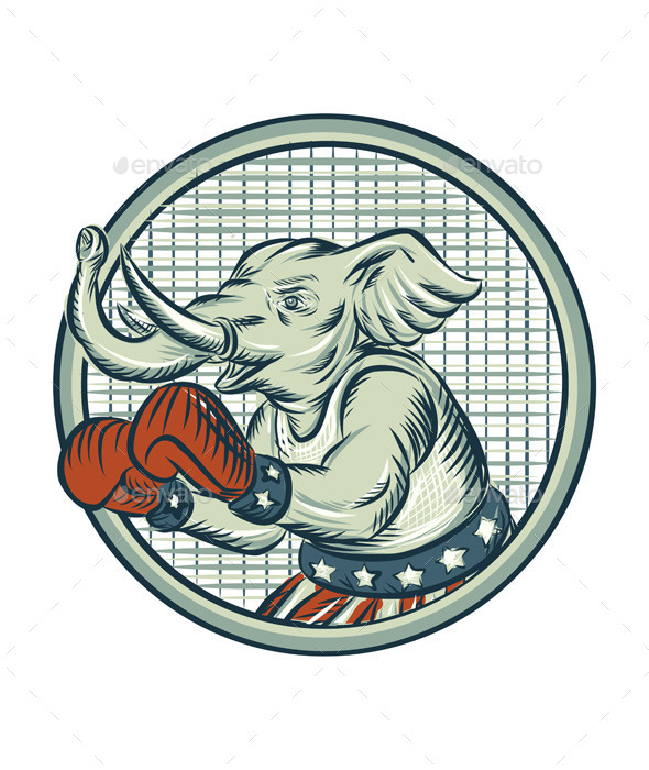 Republican Elephant Boxer Mascot Circle Etching - Animals Characters