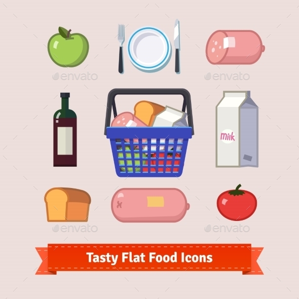 Bag Full Of Groceries And Tasty Food Flat Icon Set - Food Objects