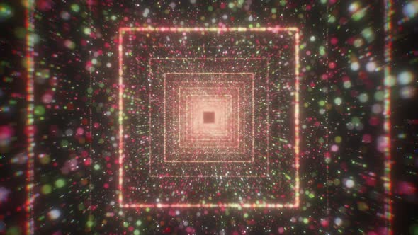 Infinite Light in the End of the Square Shaped Tunnel of Glowing Dots and Particles alt