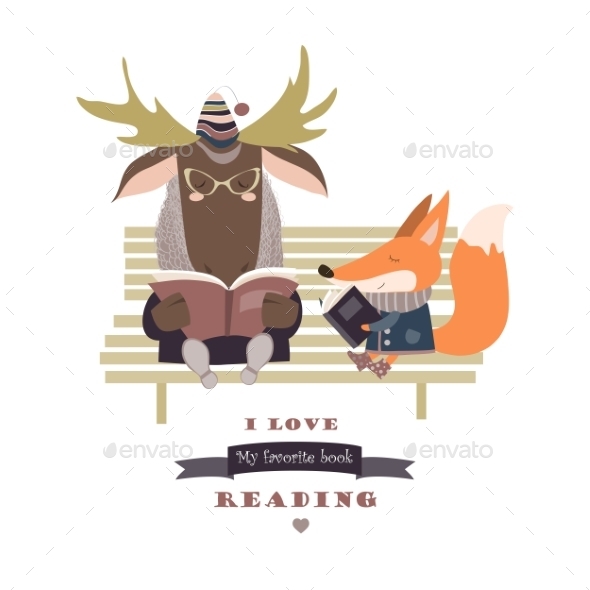 Fox And Funny Elk Reading Books On Bench Fox And Funny Elk Reading Books On Bench