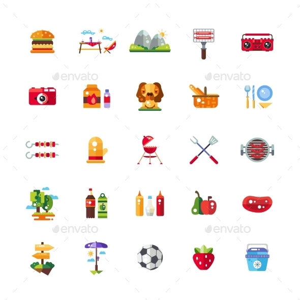 Set of Flat Design Barbecue Summer Picnic Icons Set of Flat Design Barbecue Summer Picnic Icons