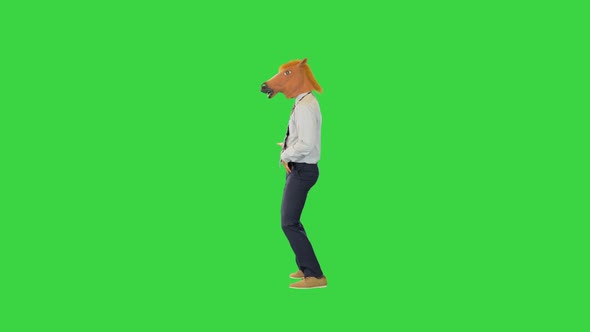 Crazy Office Worker in Horse Mask Dance Cheerful Businessman Cheering Celebrating Vacation at Work